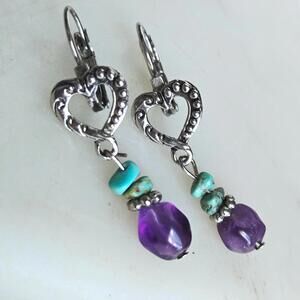 Amethyst Beaded Silver Tone Heart Hook Earrings